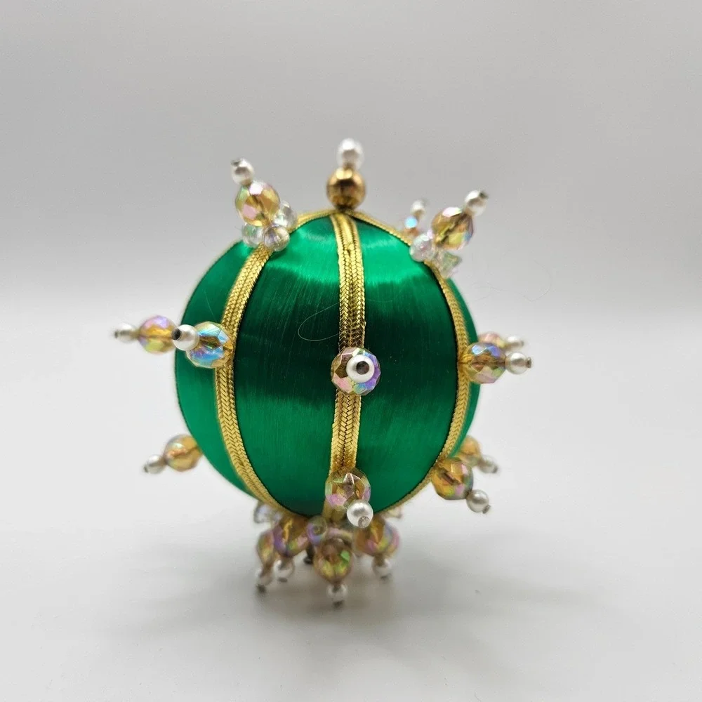 Vintage Emerald Green Beaded Christmas Ornament Holiday Decor‎ Sphere Handmade